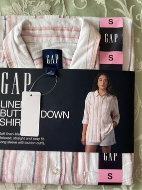 GAP Striped Linen-Blend Button Down Shirt in Pink, White & Green
